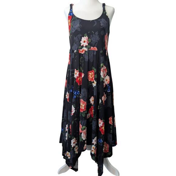 Torrid NWT Black Floral Print Trapeze Handkerchief Sleeveless Dress Sz 0 (L/12) - Picture 1 of 9